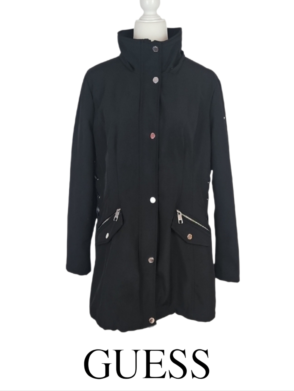 Guess Black Jacket Corset Side Ties Fleece Lined Fall Winter Coat Women's XL